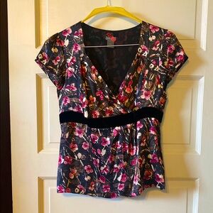 *BOGO closet deal* Ann Taylor 100% Silk Black and Pink Floral Wrap Peplum Blouse